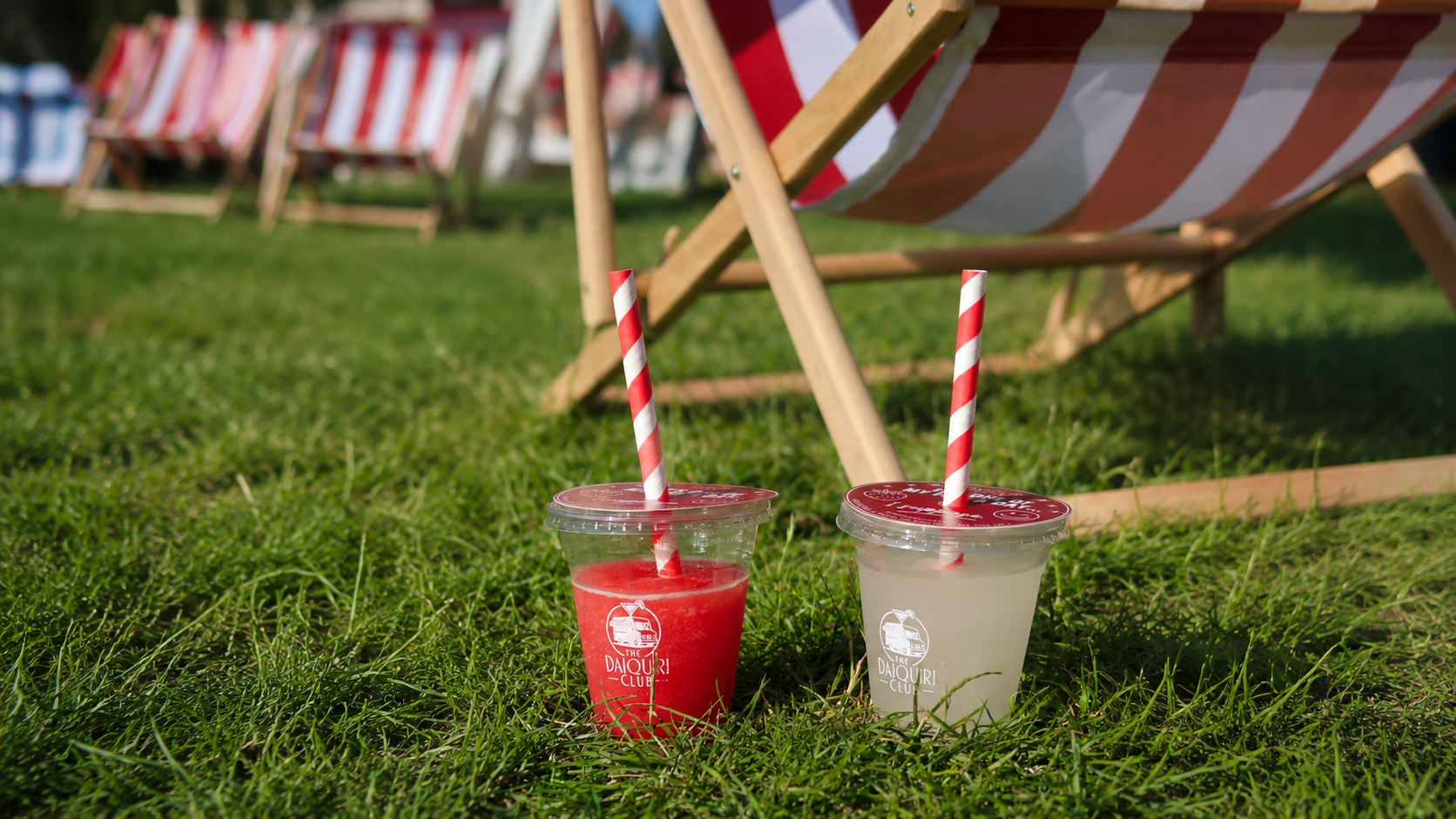 Two Daiquiri Club drinks on grass with red and white deck chairs